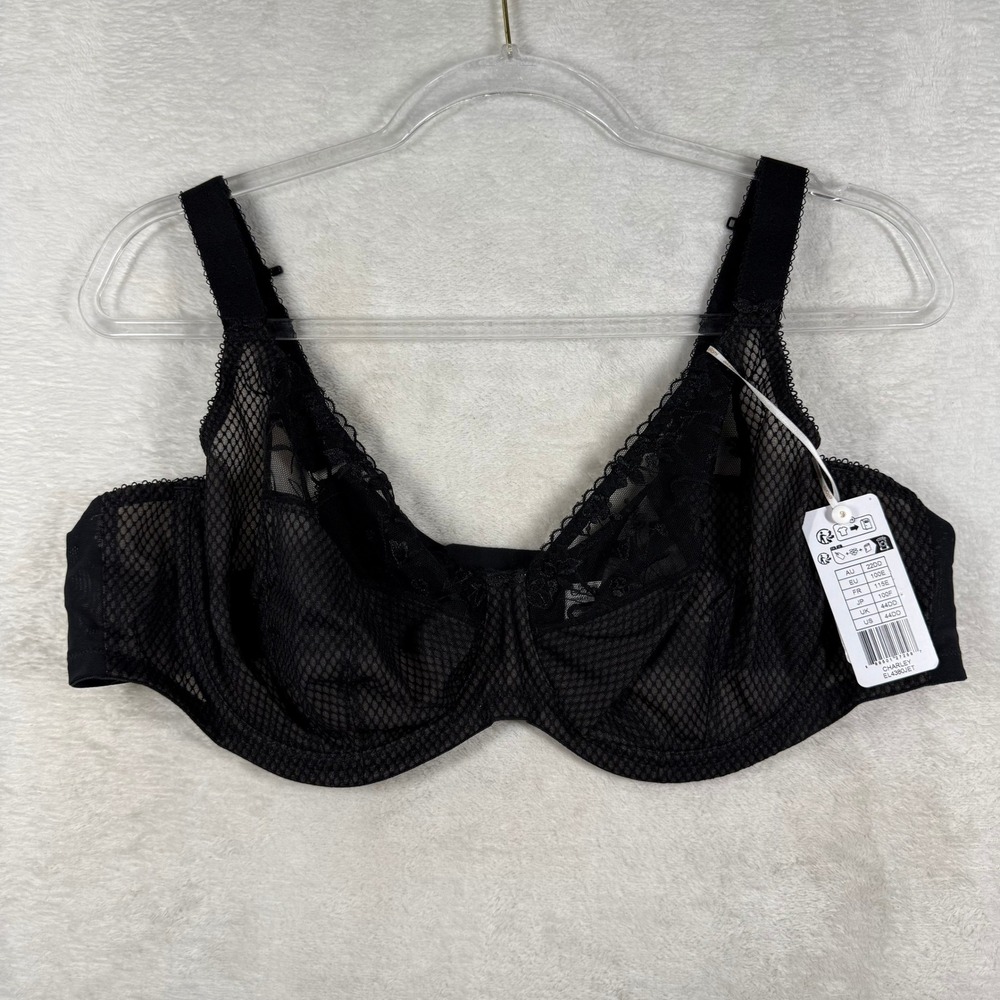 Elomi Charley Jet Black Plunge Underwire Bra 44DD EL4380JET Diamond Mesh Lace